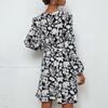 Women's Spring Autumn V Neck Long Sleeve Lace Up Printed High Waist A Line Dress