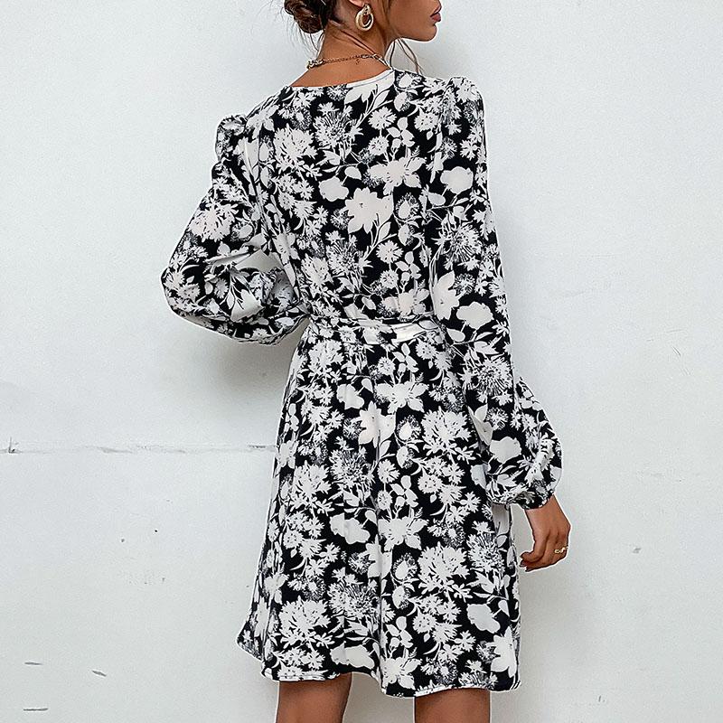 Women's Spring Autumn V Neck Long Sleeve Lace Up Printed High Waist A Line Dress
