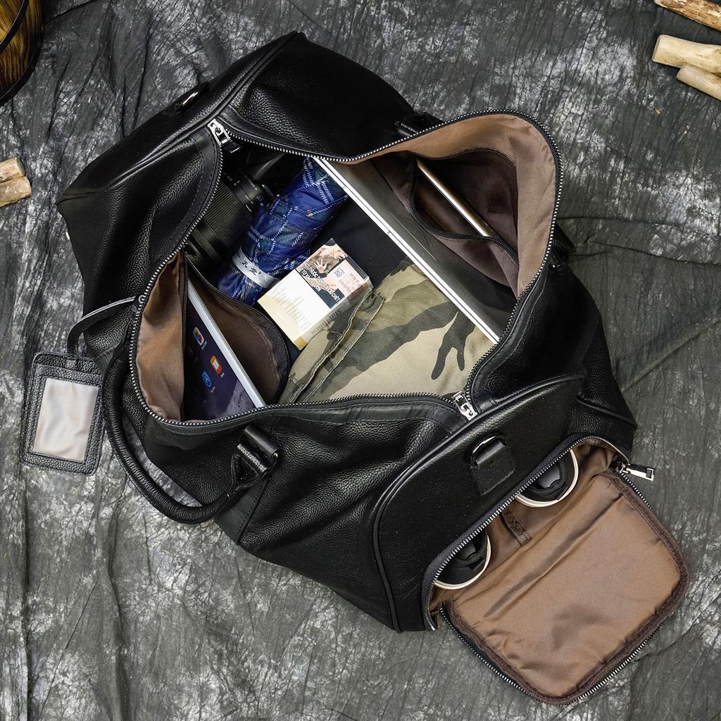 Men'S Leather Travel Bag Dry And Wet Separation Black Cowhide Luggage Large Capacity Portable Fitness Bag With Shoe Space