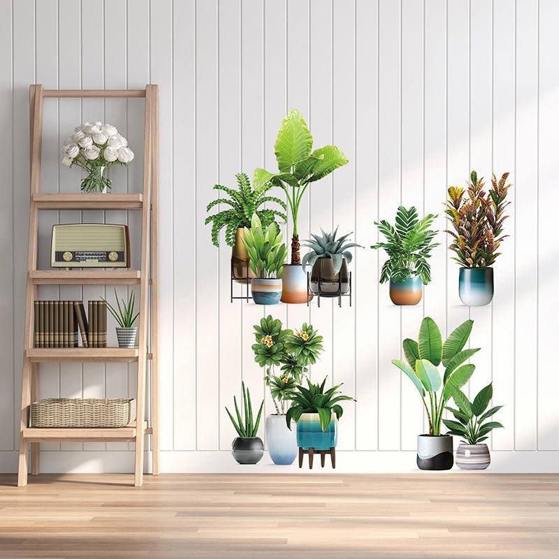Potted Green Plant Wall Sticker Turtle Back Bamboo Leaf Decor for Restaurant Living Room Balcony Glass Door Bathroom Vinyl Adhesive Decal