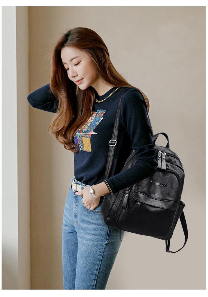 Women's Versatile PU Leather Large Capacity Backpack Handbag