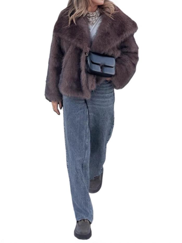 Kaffee Plüsch Kunstpelzmantel mit großem Revers - Warm, modisch, lockere Passform für Herbst/Winter