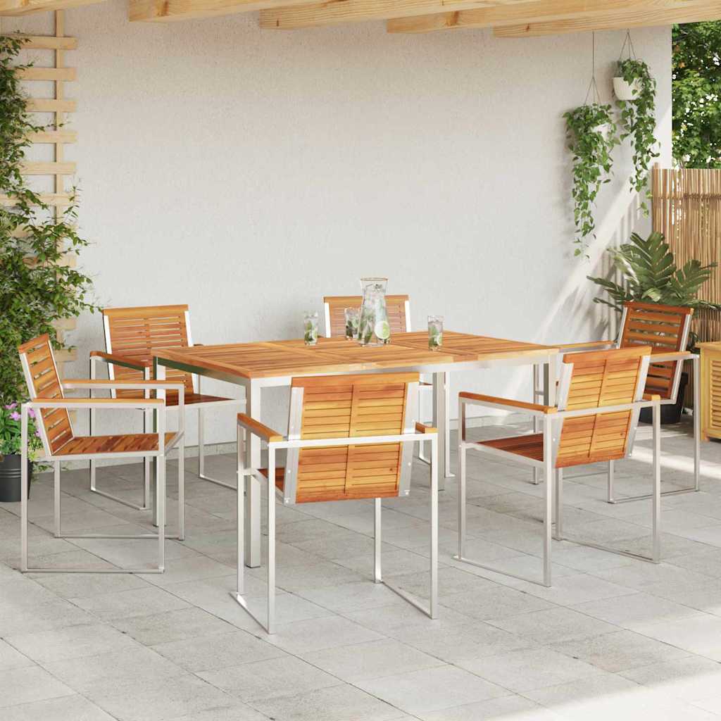 Garden Dining Set 7 Pcs Solid Acacia Wood and Stainless Steel