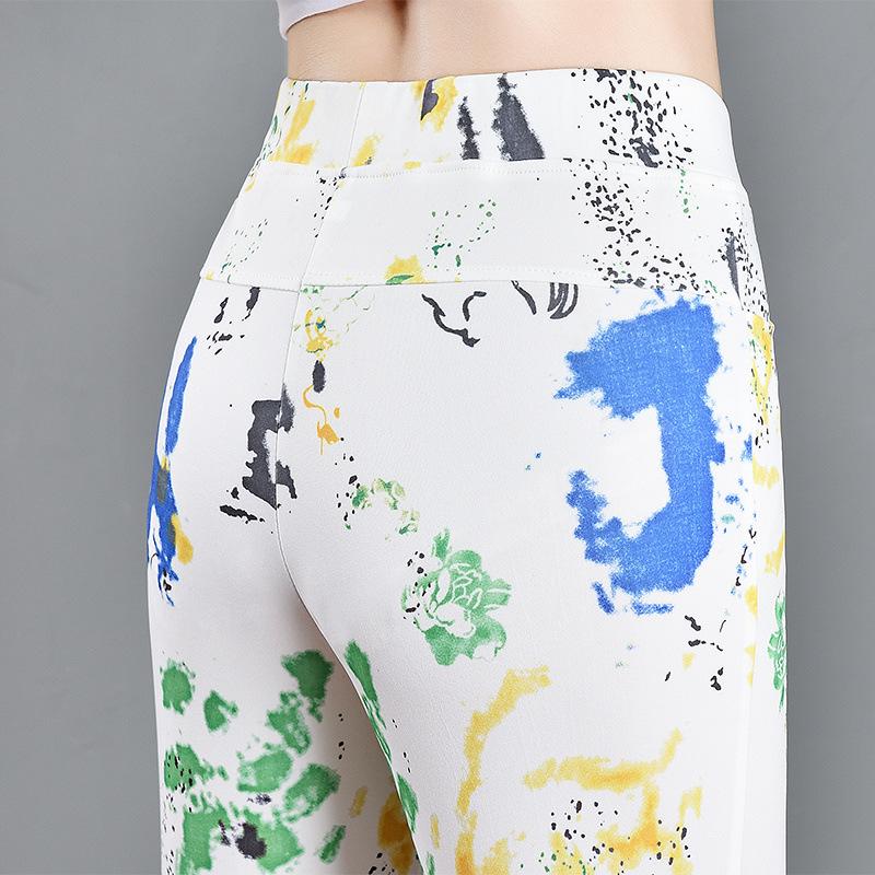 2024 Summer Women's Slimming Stretchy Micro-flare Long Pants with Printed Elastic Waist