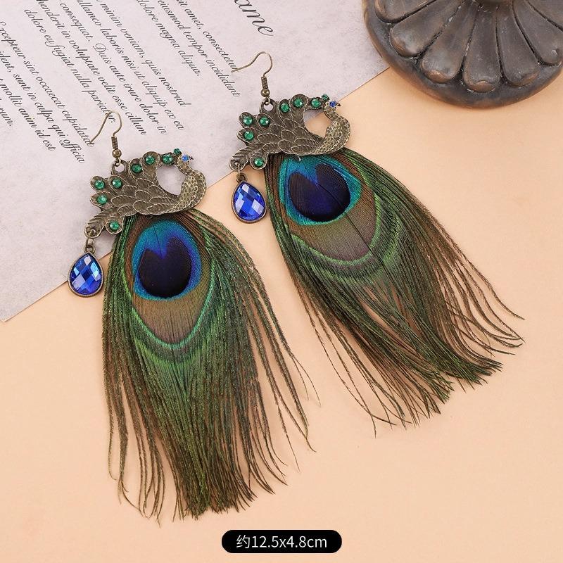 Retro Peacock Feather Fringed Earrings Women's Bohemian Fashion Elegant Temperament Versatile Long Earrings