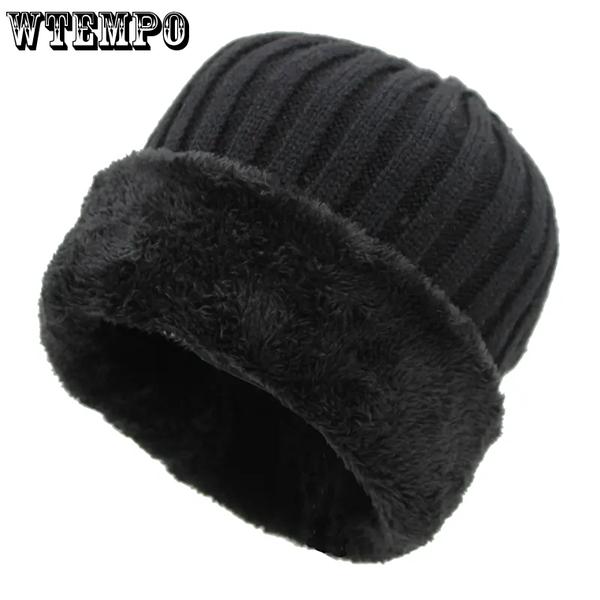 WTEMPO Solid Color Thick Fleece Hats for Men Winter Woolen Hats Soft Stretchy Cold-proof Windproof Knitted Hats for Dad