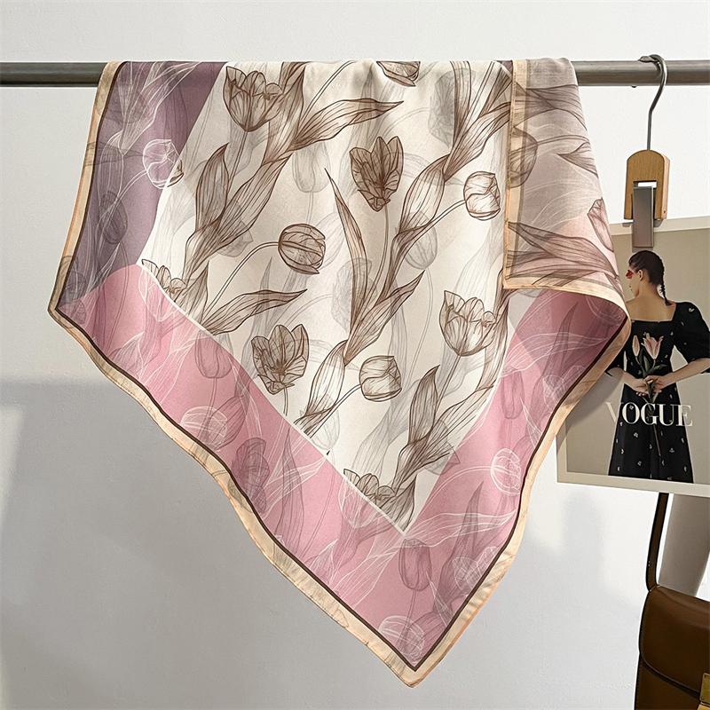 New Women Pink and White Flower Print Design Scarf Shawl Fashion Luxury Headband Headscarve Long Narrow Scarves Ladies