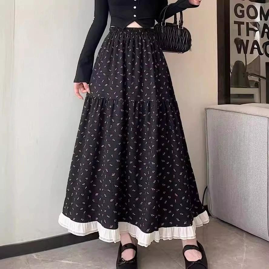 Französischer Retro-Faltenrock für Damen mit Spitzennähten, Frühling, Sommer, hohe Taille, Blumenmuster, A-Linie, Regenschirmrock, Designgefühl, unregelmäßiger elastischer Bund, langer Rock