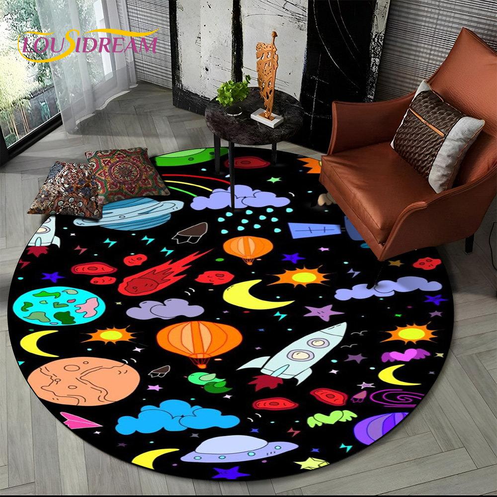 3D Astronaut Space Cartoon Round Area Rug,Carpet Rug for Living Room Children's Bedroom Sofa Playroom Decor,Non-slip Floor Mat