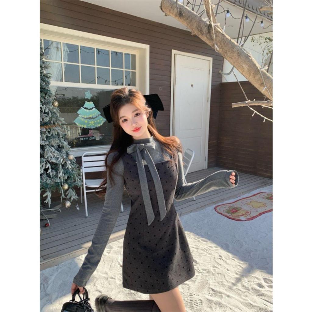 Korean Faux Two-Piece Grey Bow Polka Dot Dress, Waist-Cinched A-Line Skirt for Autumn