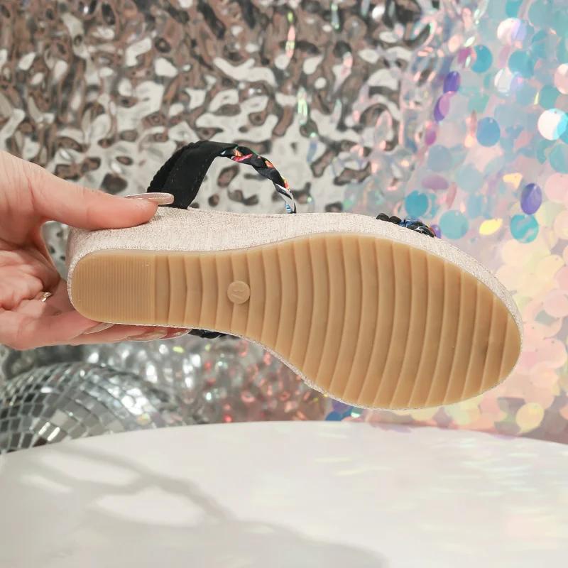 New Plus Size Bohemian Bead Wedge Sandals 2025 Summer Fashion Round Toe Open Toe Platform Elastic Band Ankle Strap Women's Shoes