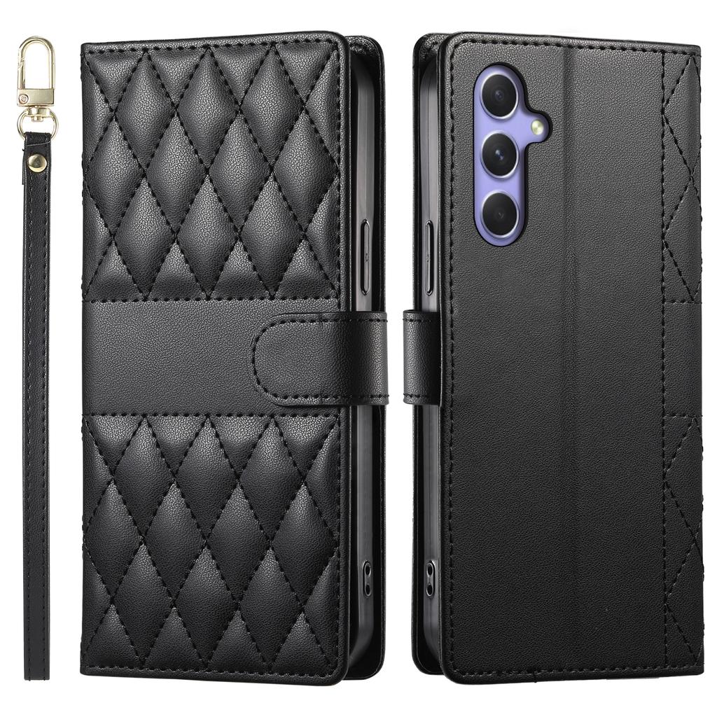 For Samsung Galaxy A55 5G Case Rhombus Stitching Wallet Stand Leather Phone Cover with Long/Short Strap