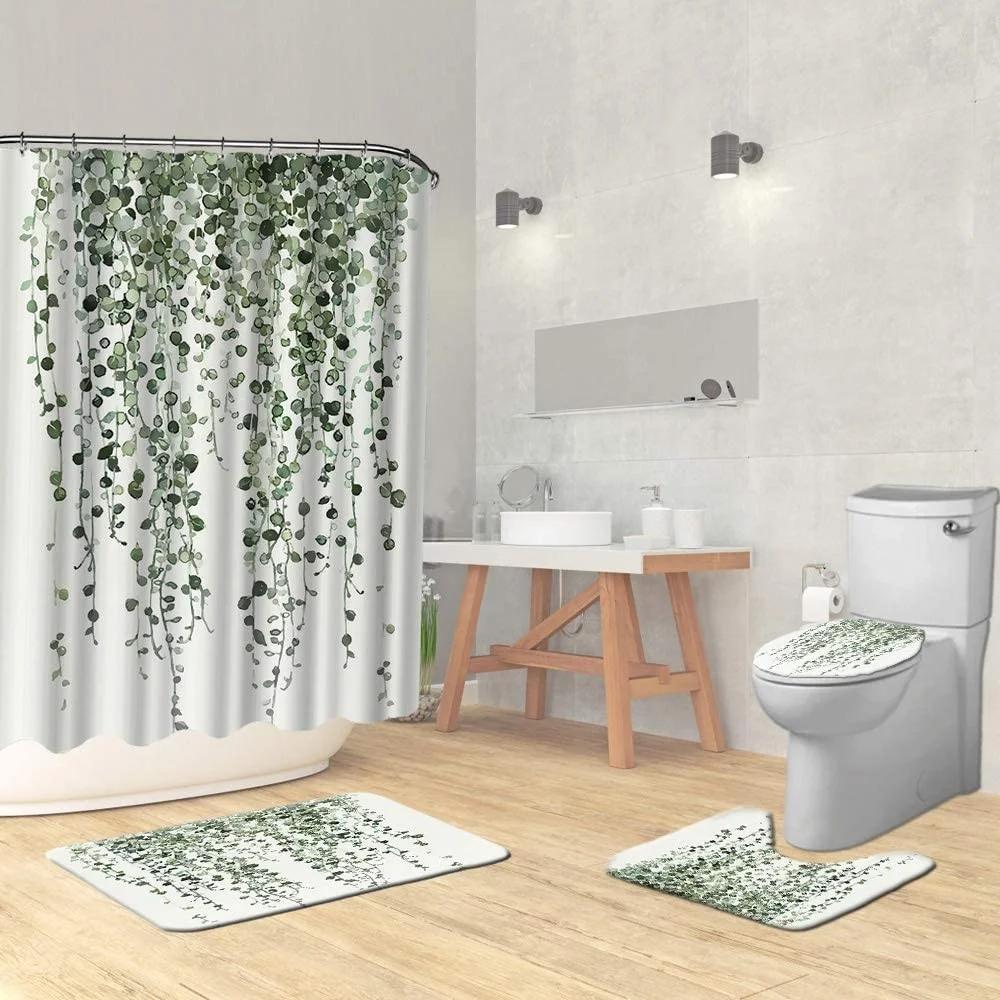 Green Leaves Shower Curtain Sets Spring Rural Plant Flower Bathroom Curtains Non-Slip Toilet Lid Cover Rug Baths Mats Home Decor
