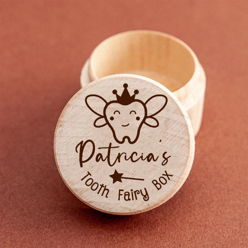 1PCS Free Personalized Tooth Fairy Wooden Box Round Tooth Fairy Holder Birthday Gift for Girls Boys Name Milk Tooth And Curl Box