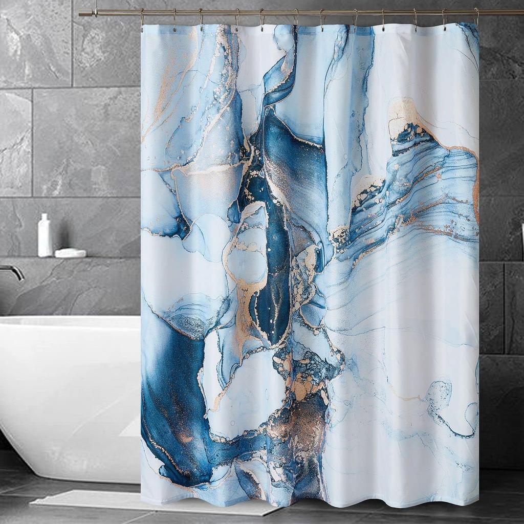Blue Gold Marble Shower Curtain Set, Abstract Granite Pattern, Luxury Modern Waterproof Bathroom Decor
