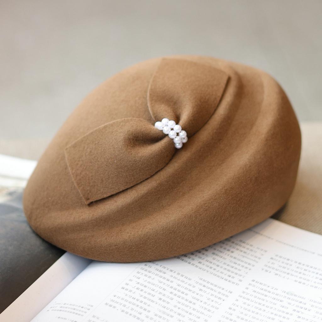 European and American fashion bow pearl pleated styling beret autumn and winter British retro wool forward hat
