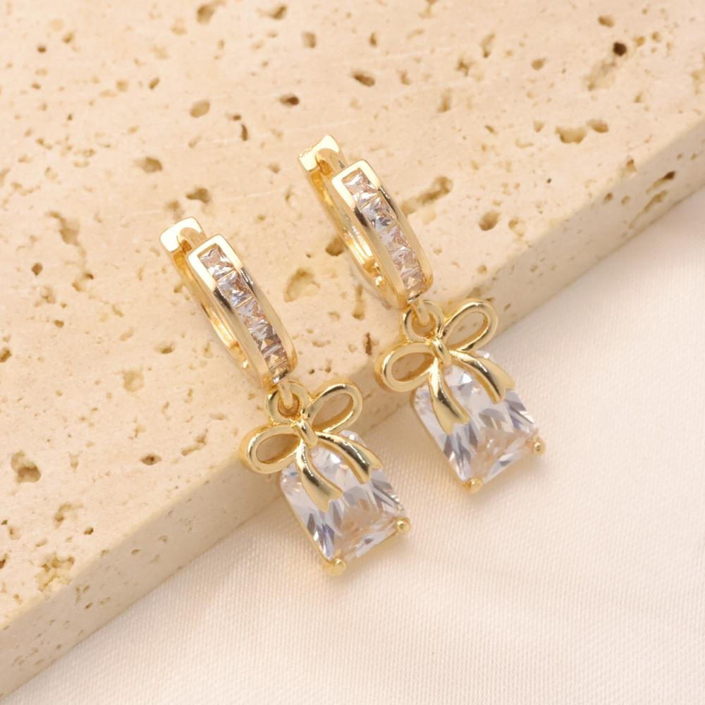 1 Pair Fashion Zirconia with Bow Dangle Earrings for Women Golden Earring Jewelry Wedding Party Accessories