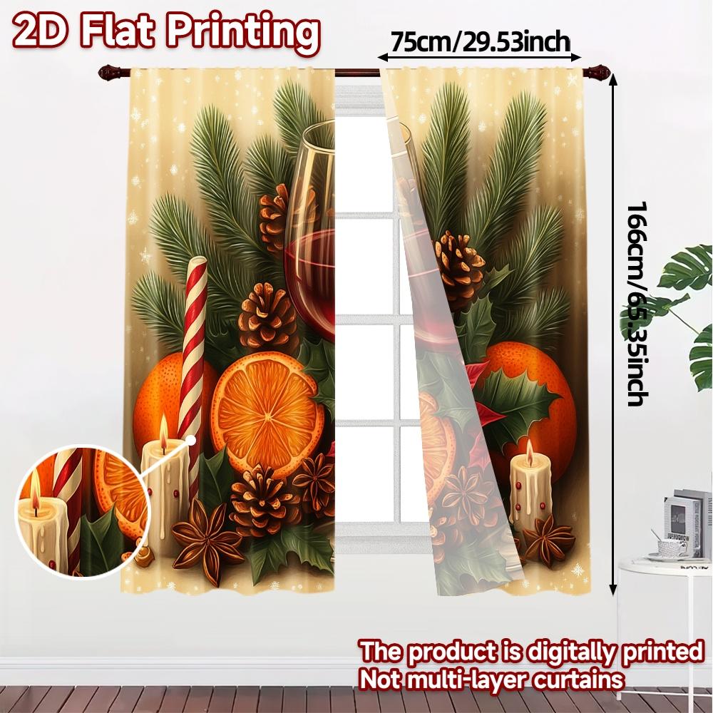 2pcs,Curtains Christmas Cozy Wine Pinecone Poinsettia Popular Creative Curtains Durable 100% Polyester Fabric Curtains Outdoor