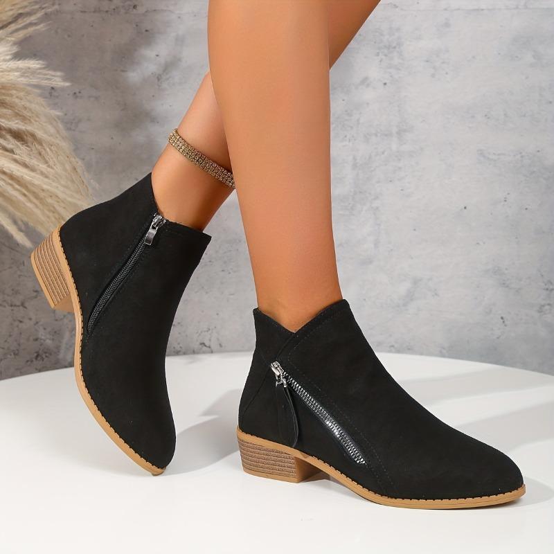 Women'S Solid Color Chunky Heel Short Boots, Casual Side Zipper Point Toe Boots, Comfortable Ankle Booties