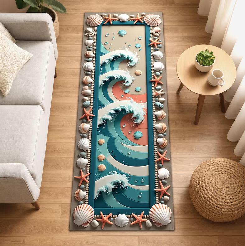 3D plážový oblázek Běhoun na podlahu Hvězdice Mušle Vzor Podložka Absorpční Protiskluzový Koberec do chodby pro obývací pokoj Ložnice Dekorace