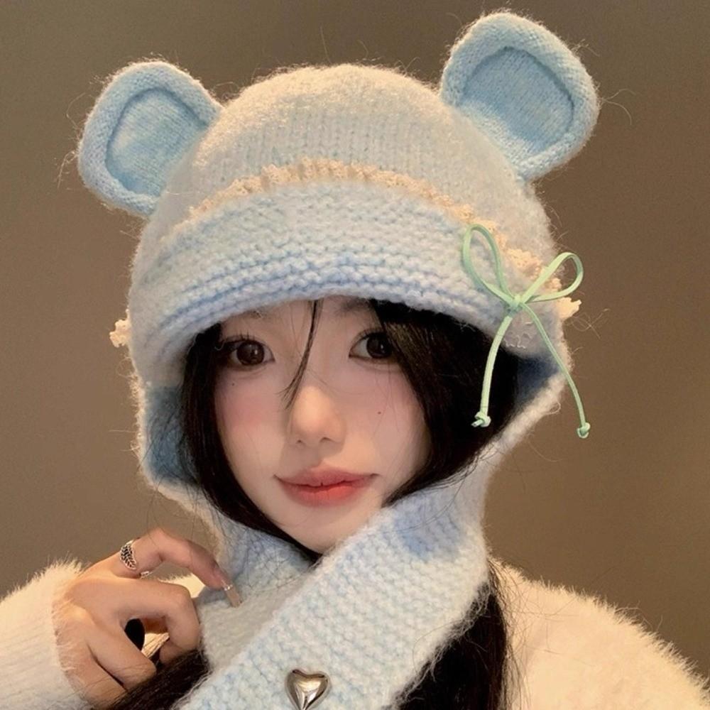Sweet Neck Collar Beanies Cap Bow Pullover Cap Fashion Bear Ear Knitted Hat Autumn