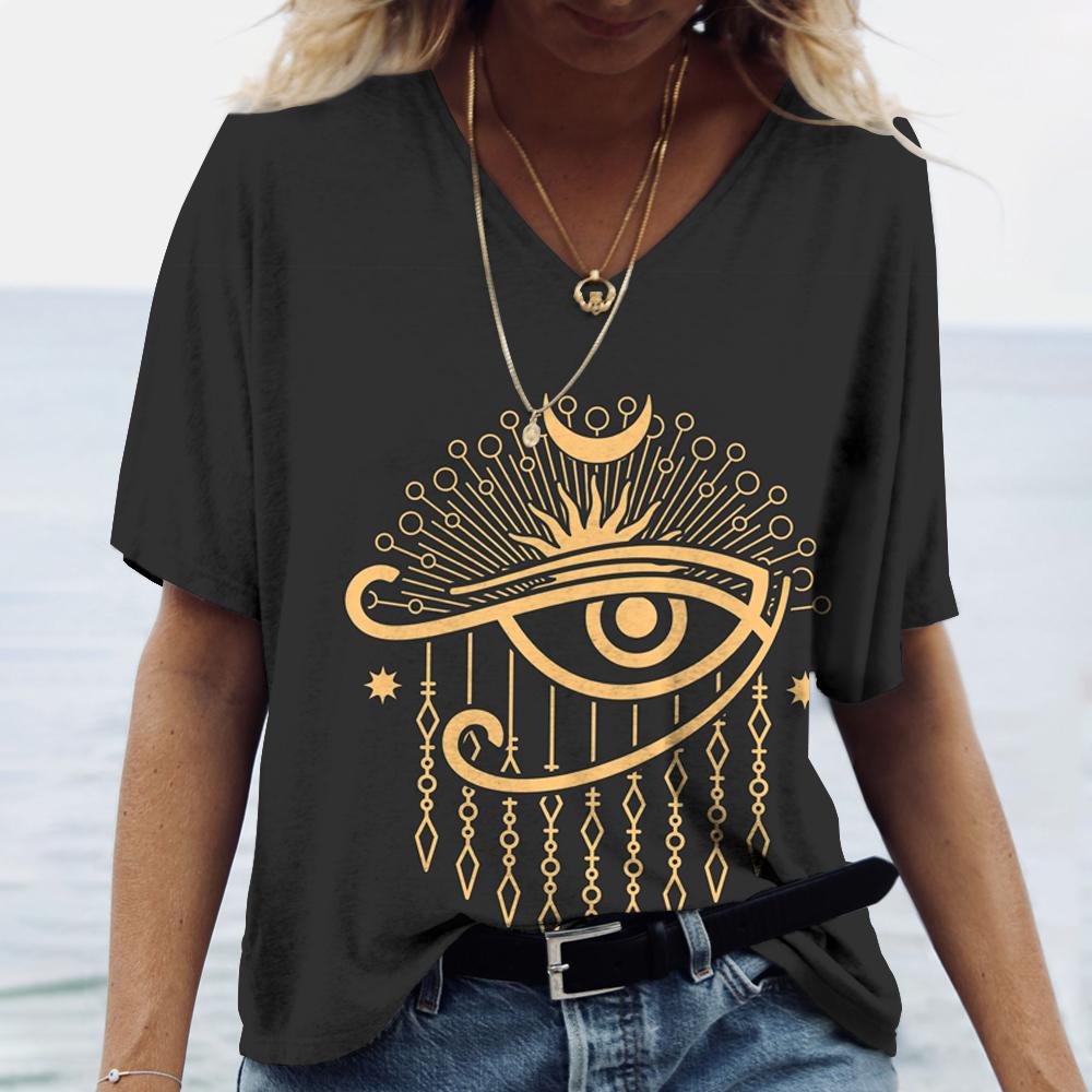 2023 Women's V-neck T-shirt Street Ancient Egyptian Ethnic Costume Print Women's Top Short Sleeve Casual Fashion Women Clothing