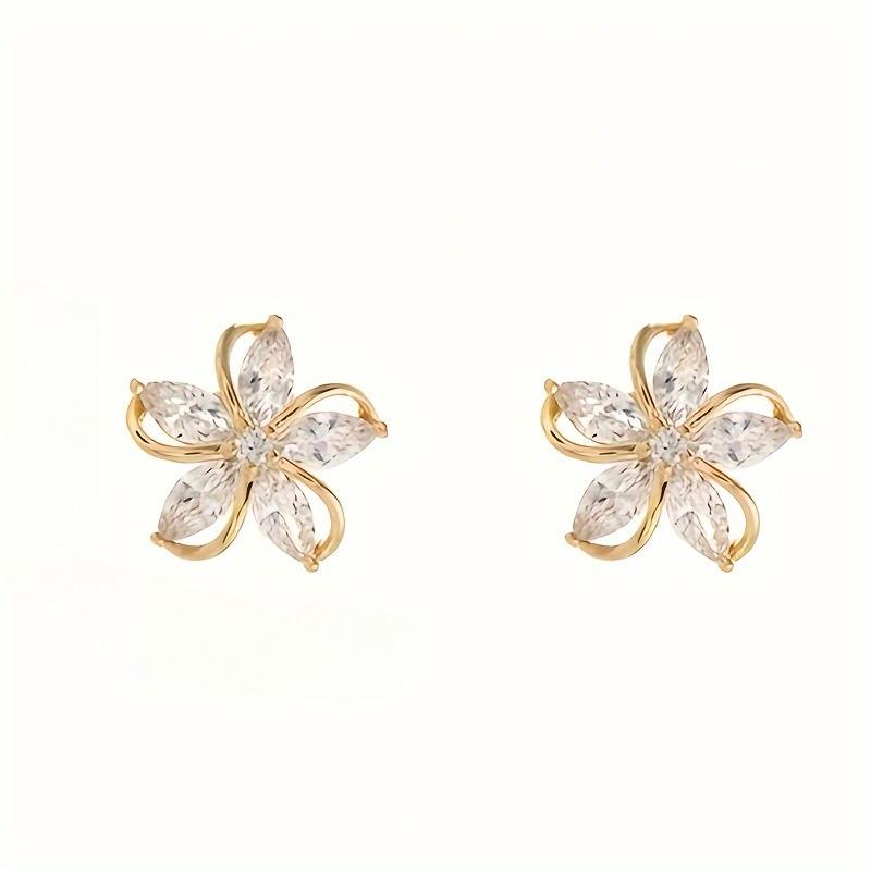 1Pair of Retro and Elegant Five-petal Flower Stud Earrings, Inlaid with Shiny Rhinestones, Perfect for Women's Daily Wear