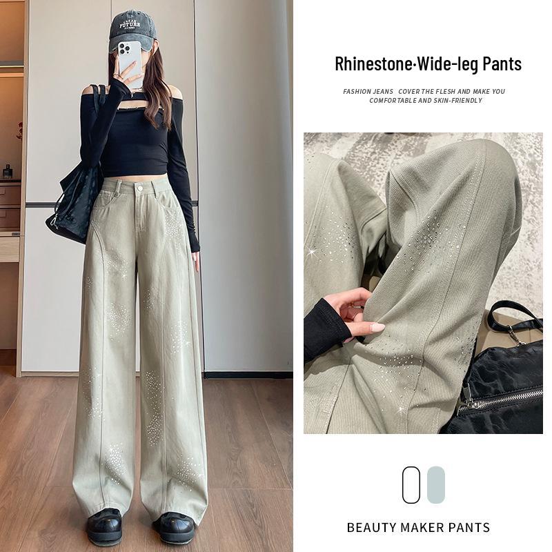 Women's Retro Fireworks Rhinestone Denim Jeans: Stylish Wide-Leg, Floor-Length Pants