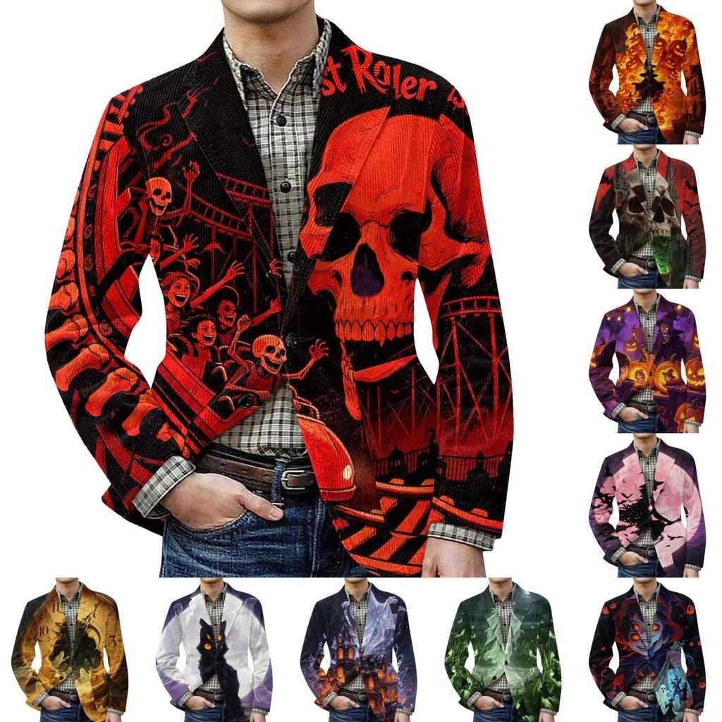 Men's Halloween Print Corduroy Warm Blazer Jacket with Pockets Casual Suit Coat Long Sleeve Button Front Outerwear for Fall