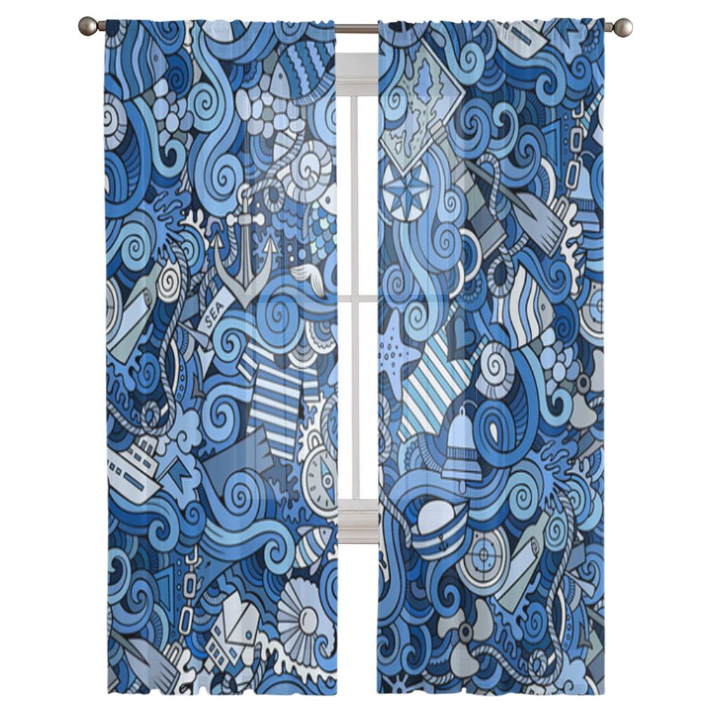 Abstrakcyjne Morskie i Marynistyczne Przezroczyste Zasłony do Salonu Przezroczysta Tiulowa Zasłona Okienna Dekoracja Sypialni Kuchni Zasłony Woalowe