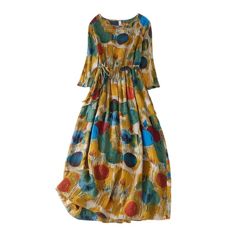 

Летнее хлопковое конопляное художественное свободное печатное платье средней длины с пятью рукавами для женщин повседневные платья M жёлтый