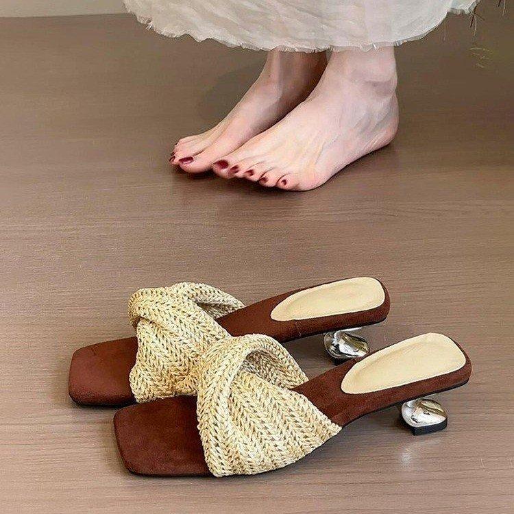 Sheepskin version~ Retro woven wedge heel Roman sandals women's design sense vacation style square head open-toed beach cool slippers