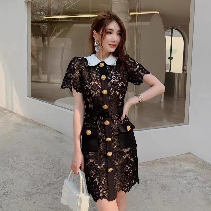 Summer Women Lace Hollow Out Peter Pan Collar Single-breasted Party Dresses Short Sleeve Female Robes with Belts