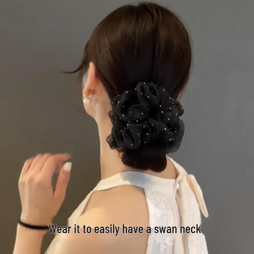 Korean Rhinestone Mesh Scrunchie: Elegant Retro Black Hair Tie
