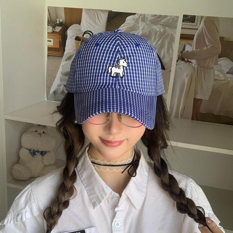 Spring And Summer Blue Plaid Baseball Cap Female Embroidered Pony Cap Face Pony Baseball Cap