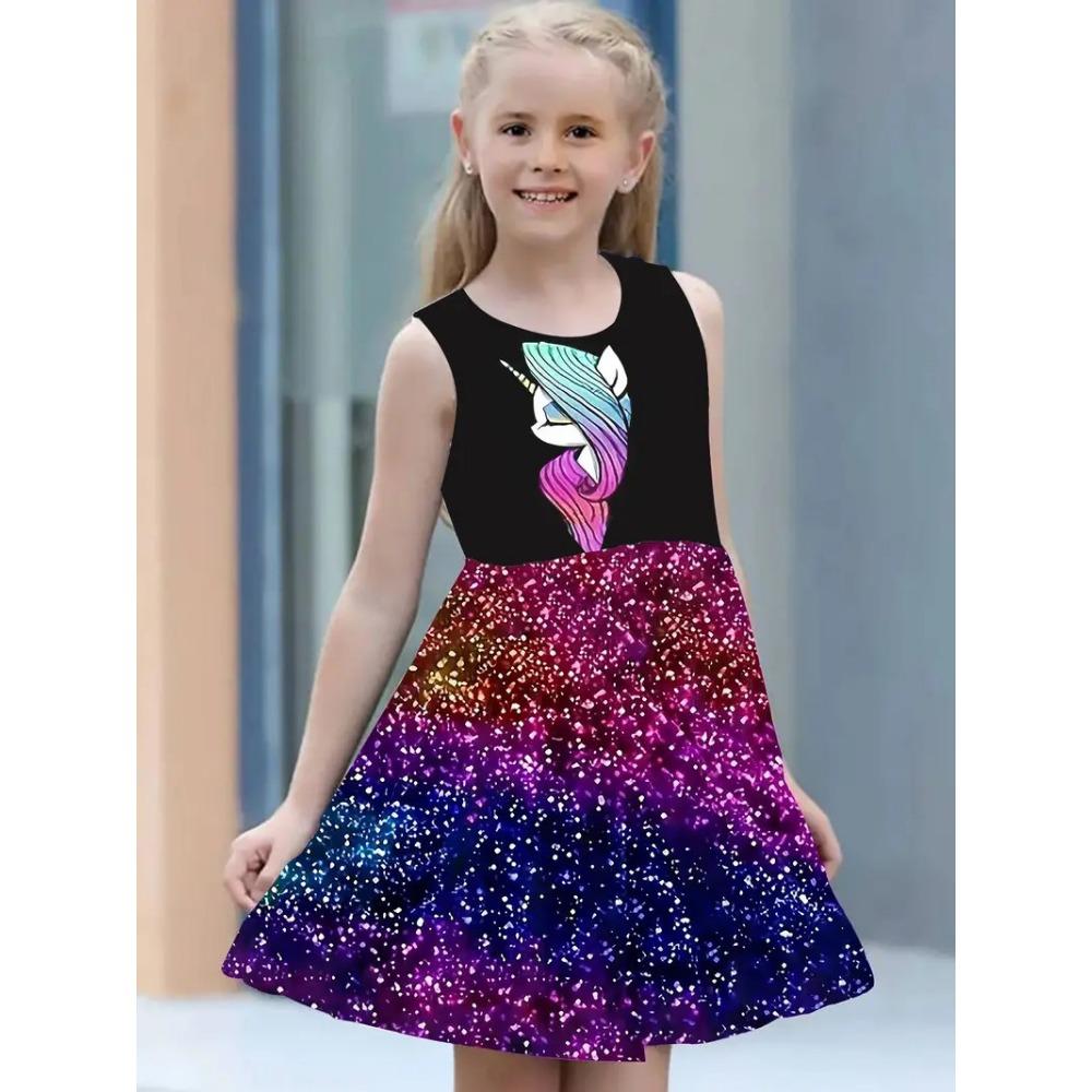 Fashion girls dresses summer new round neck vest style 3D printing princess skirt
