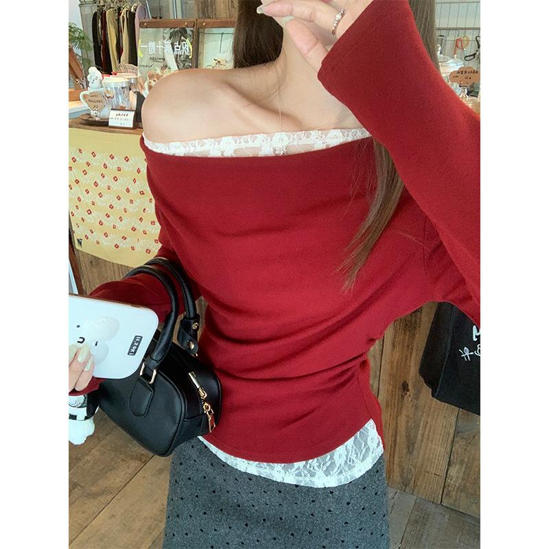 Christmas Red Angled Off-shoulder Pure Lust Lace Splicing Long-sleeved Bottoming Shirt for Women In Autumn and Winter, Inner and Outer Tops