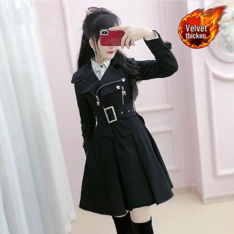 Women's Beige Fleece-Lined Trench Coat: British & Korean Style, Thickened, Long-Sleeved, Mid-Length, Autumn/Winter Warm & Stylish.