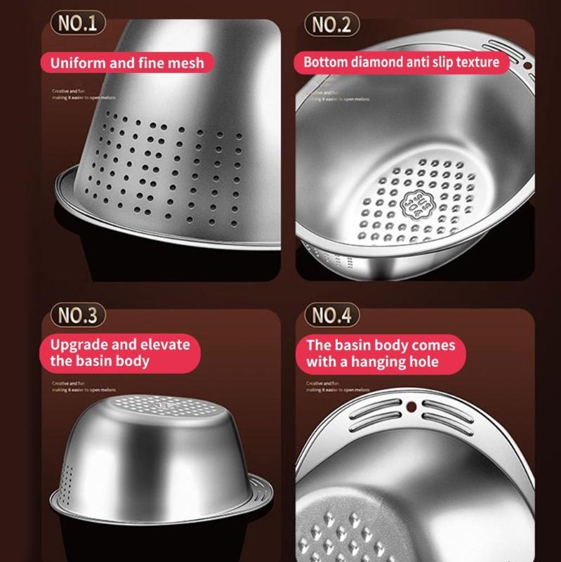 304Stainless Steel Kitchen Basin Serving Basket Washing Basket Kitchen Colander Washing Bowl for Rice and Vegetables