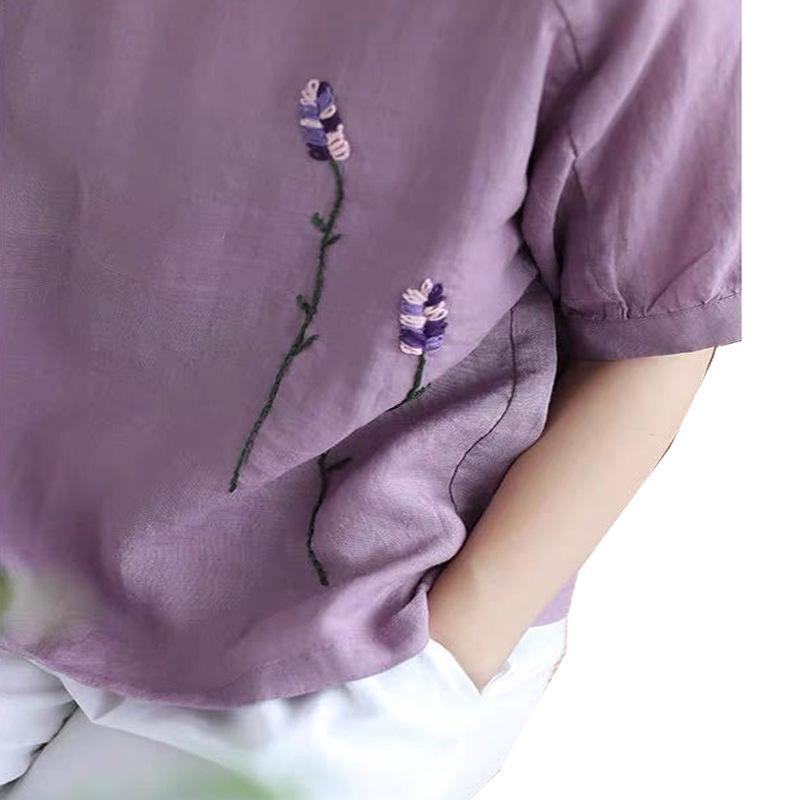 Women's Retro Floral Embroidered Cotton Linen Short-Sleeve Loose T-Shirt