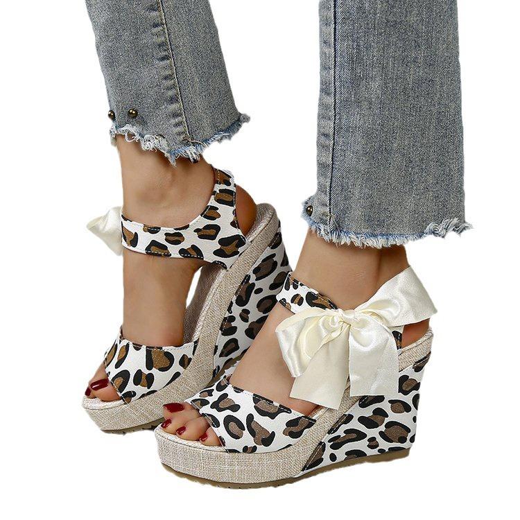 Large Size Leopard Print Wedge Sandals Summer New European and American Bow Round Head Height Increase Women's Shoes
