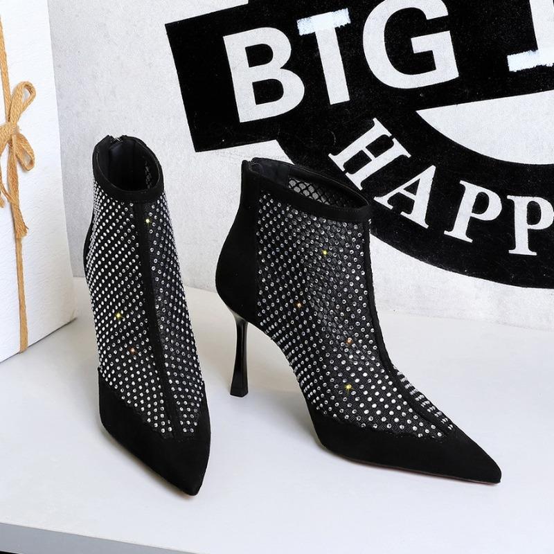 Women'S High Heel Short Boots Women'S Suede Splicing Mesh Rhinestone Rear Women'S Shoes Fashion Fine Heel Pointed Single Boots