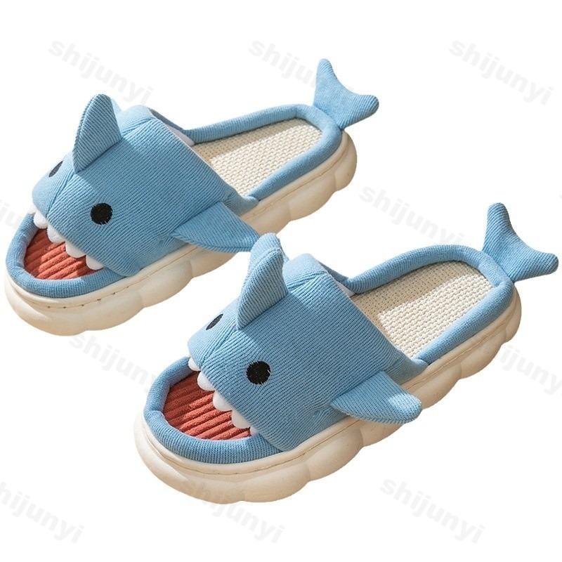 Fashion Women's Linen Slippers Shark Autumn Winter 2025 Cartoon Slippers Closed Toe Non Slip Women Indoor Bedroom Comfort House Slippers