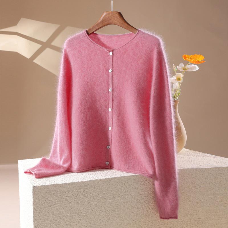 2026 Autumn/Winter Women's Cashmere Wool Round Neck Cardigan - Long Sleeve, Solid Color, Rolled Edge, Brushed Wool Sweater