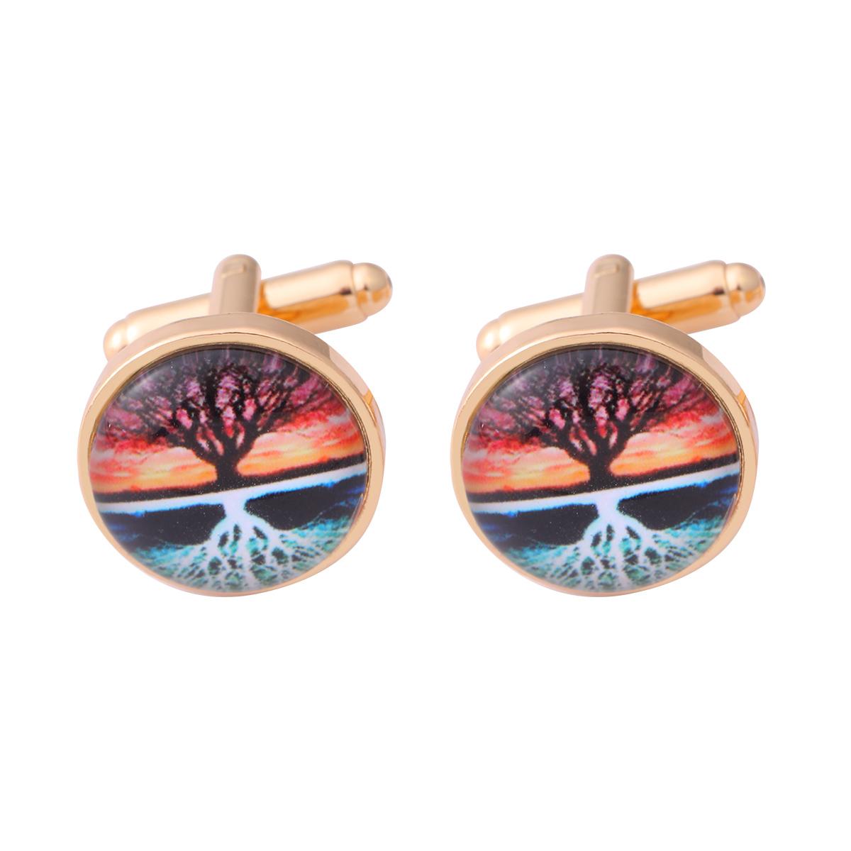 2Pcs/Set Classic Mens Sea Tree of Life Pattern Round Cufflinks Glass Cabochon Art Picture Sleeve Button