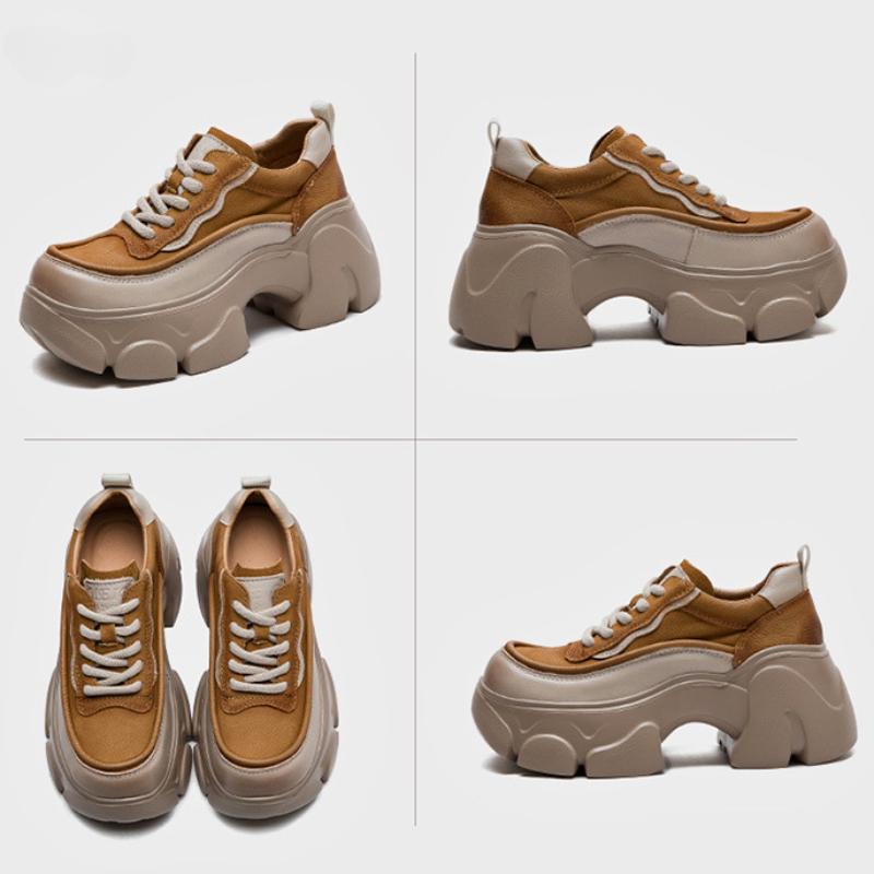 Johnature Thick Soled Heightening Pumps Genuine Leather Lace-up Versatile Retro Women's Platform Shoes