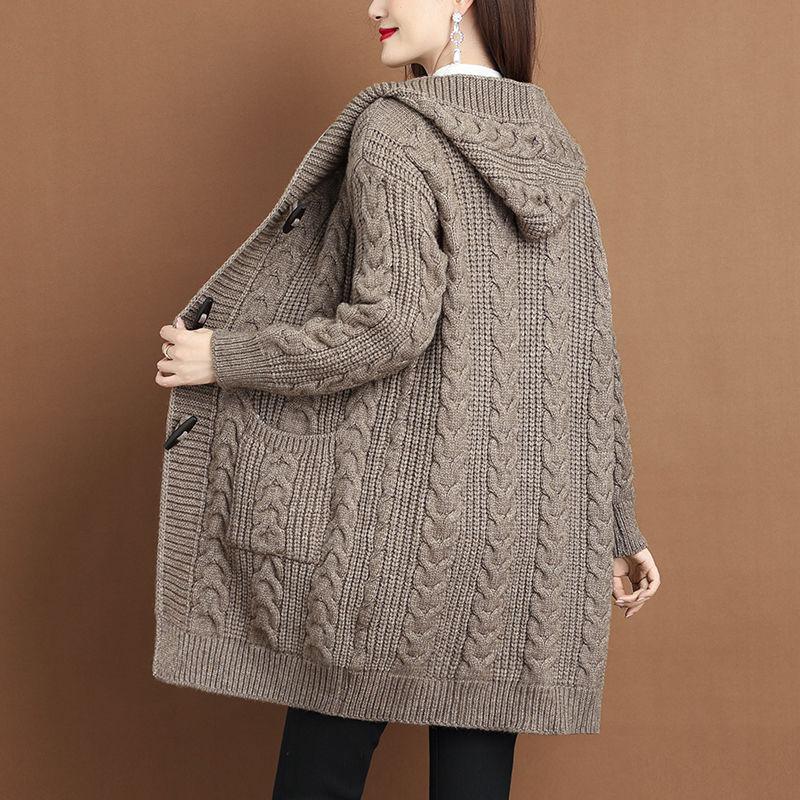 Spring Autumn Thick Sweater New Style Knitted Outerwear Women's Cardigans Medium Long Hooded Cardigan Sweater Coat