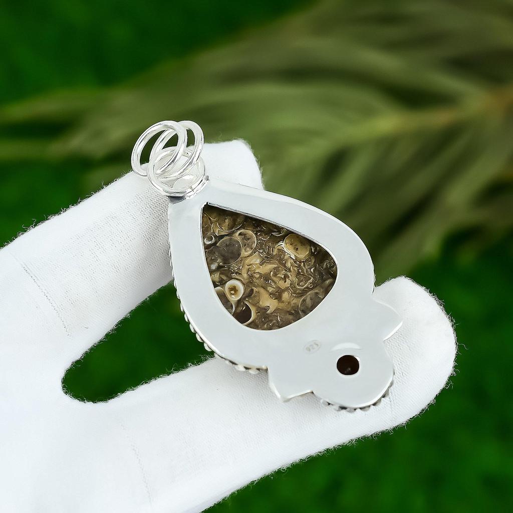925 Sterling Silver Turritella Agate Gemstone Spinel Bezel Ethnic Sister Pendant