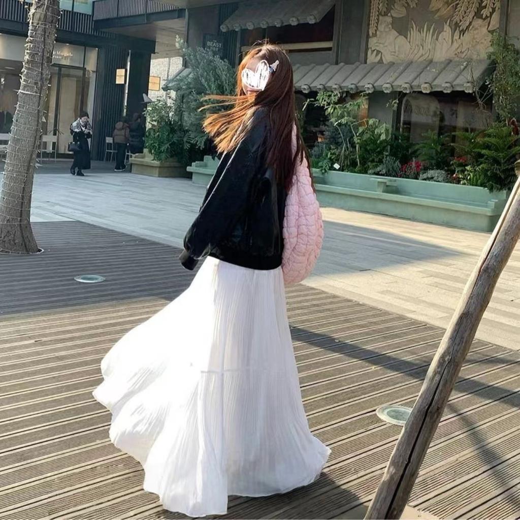 Women Spring and Summer Trend High Waist Pleated Long Skirt Casual Elegant Solid A-line Big Swing Skirt Girl Half Fairy Skirt