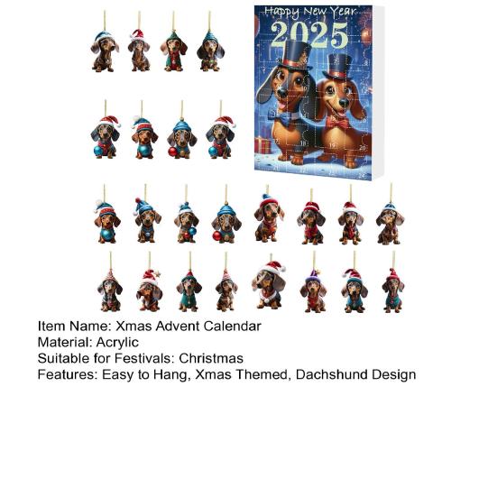 Christmas Dachshund Advent Calendar 2025 Xmas Countdown Calendar 2D Cartoon Dachshund Hanging Decorations Happy New Year Gift for Kids